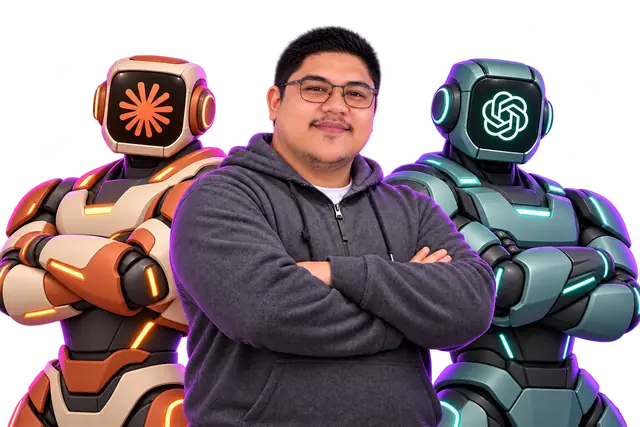 Jhonsent standing upright with arms crossed, flanked by two broad-shouldered robot companions representing Claude and ChatGPT