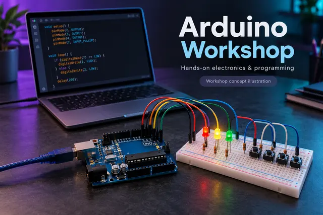Workshop concept illustration showing an Arduino board, breadboard, LEDs, push buttons, and a programming laptop