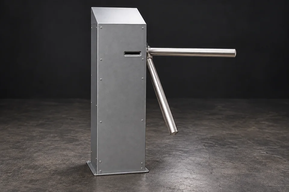 AI-enhanced reconstruction of the original gray coin-operated tripod turnstile used in the Arduino coin counter and SMS alert project.
