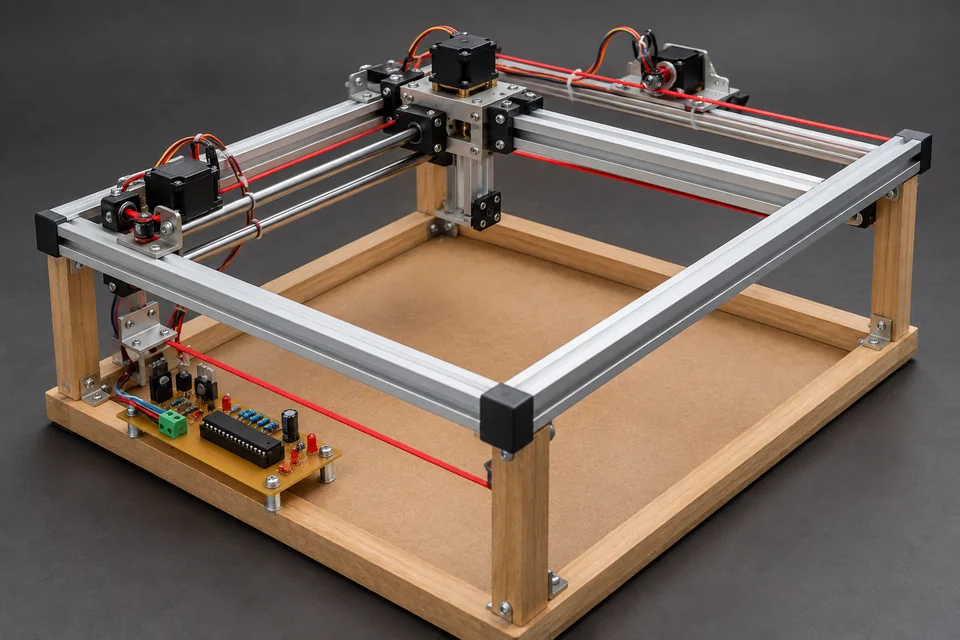 New illustrative reconstruction of the historical Cartesian robotic arm: an open aluminum gantry on a wooden base with servo motors, sensors, wiring, and a custom programmable-IC controller.