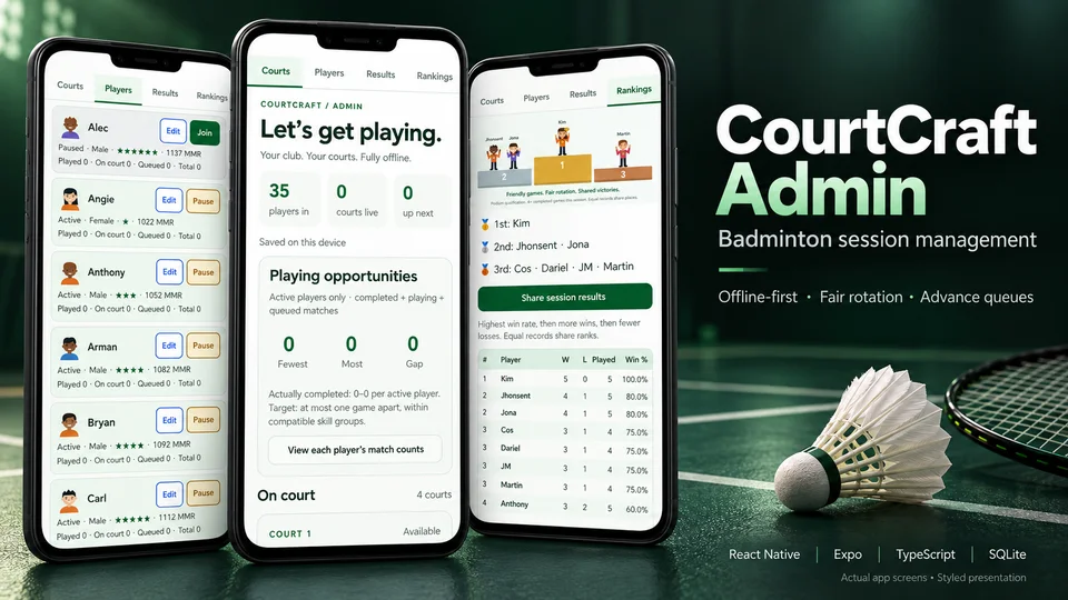 CourtCraft Admin Android app showcase with player profiles, session dashboard, live rankings, and tied podium winners