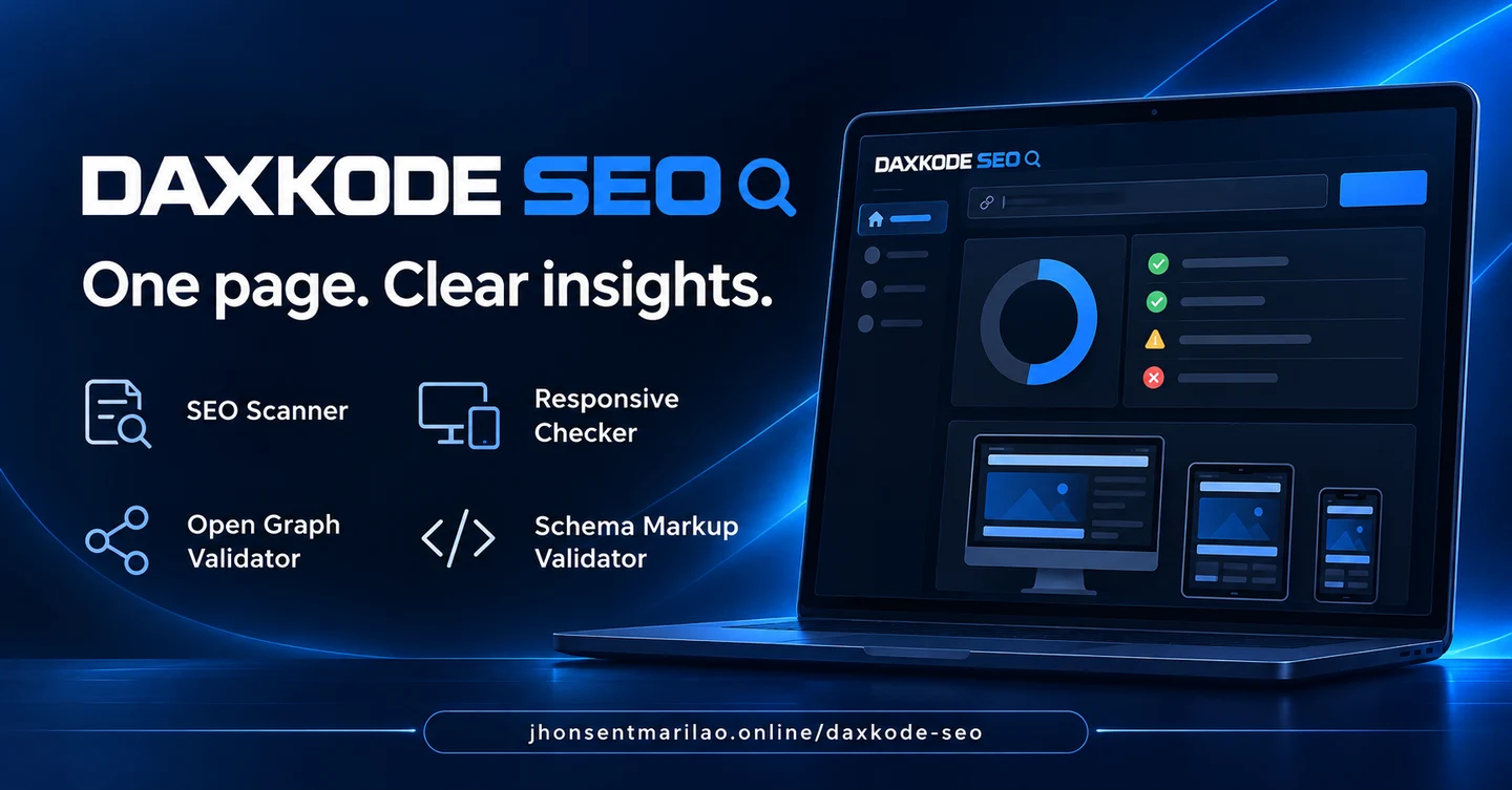 DAXKODE SEO promotional illustration highlighting its four website auditing tools beside a laptop dashboard mockup