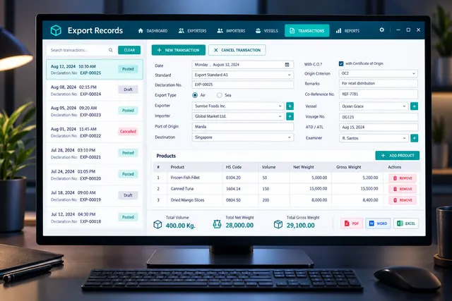 Illustration of an export record application with transaction entry and report controls
