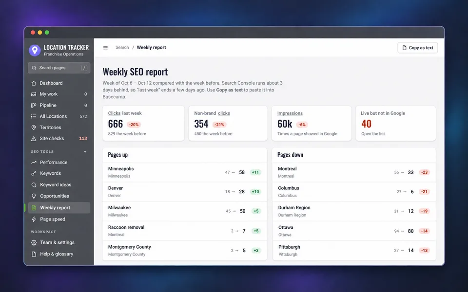 Generic Web Performance Tracker interface showing its weekly SEO report, page performance, and indexing issues