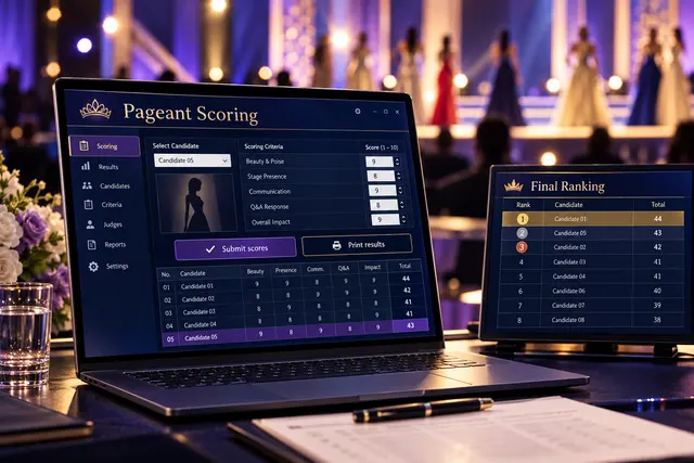 Illustration of a pageant scoring application with judge score entry and calculated results