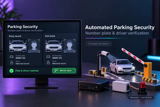 Concept recreation of a mini-PC-based parking security system showing entry and exit verification, a camera, barrier, and siren.
