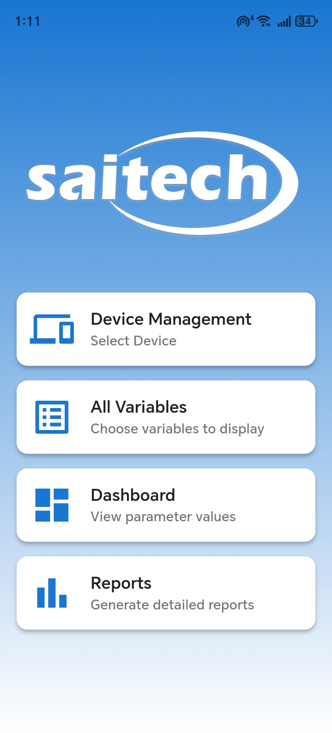 Saitech Power home screen with Device Management, All Variables, Dashboard, and Reports
