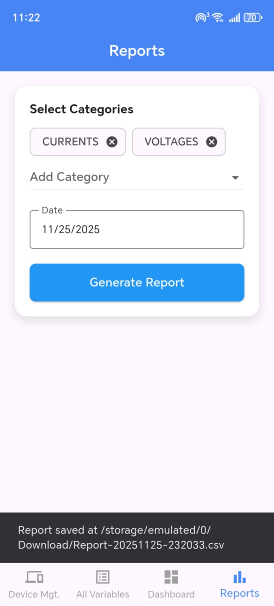 Saitech Power report screen with category and date filters and a saved CSV report