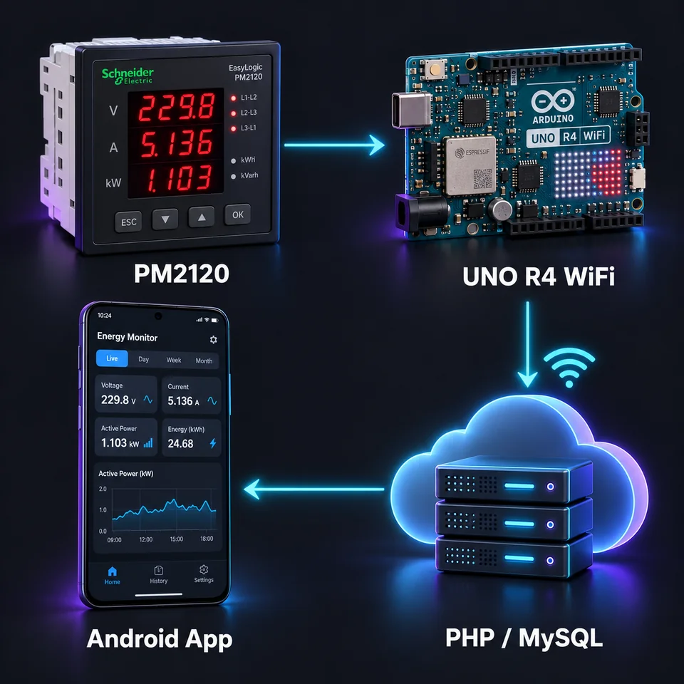 Illustrated Saitech Power data flow: Schneider Electric PM2120 meter to Arduino Uno R4 WiFi, then a PHP/MySQL cloud backend and Android monitoring app.