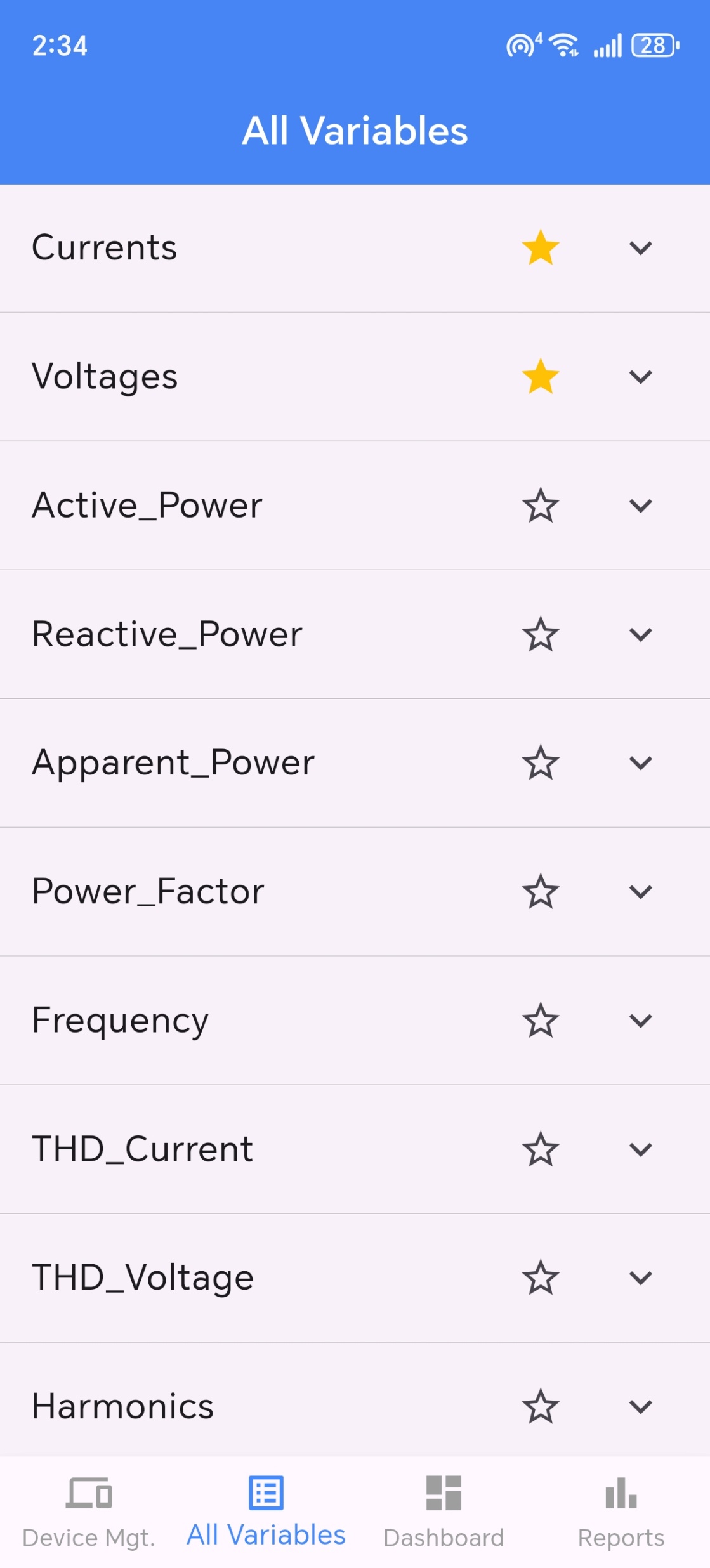 Saitech Power variable categories including current, voltage, power, frequency, and harmonics