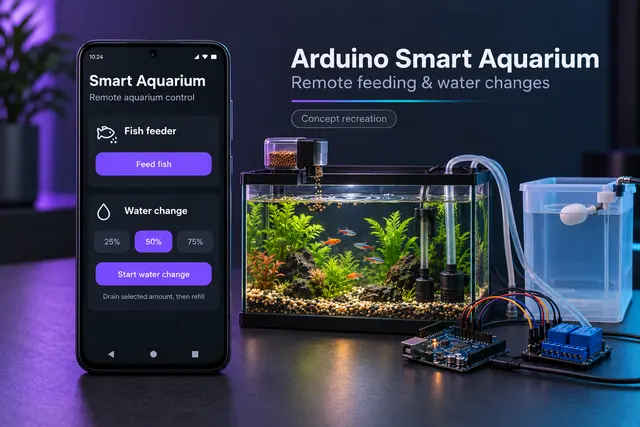 Concept recreation of the aquarium app, automatic feeder, water pumps, and float-maintained refill reservoir.