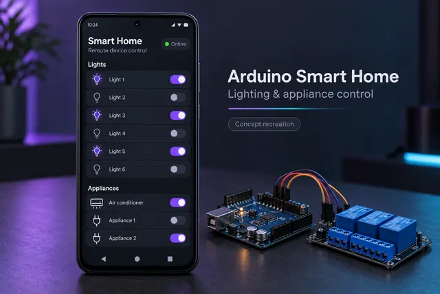 Concept recreation of the smart-home app with six light controls, air conditioning, and appliance switches.