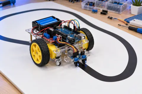 Concept illustration of an Arduino-powered two-wheel robot with infrared sensors following a curved black line