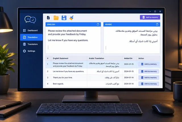 Illustration of a translation memory application with document panels and stored translations